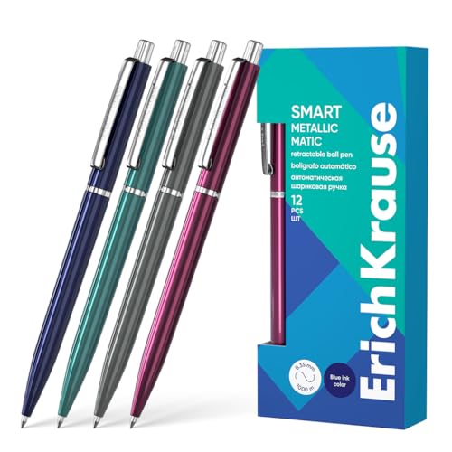 Erich Krause Druckkugelschreiber 0,35mm 12er Set Blau - einfaches & weiches Schreiben - schlanke Form - Kullis & Schreibtischzubehör - Smart Matic Metallic von Erich Krause