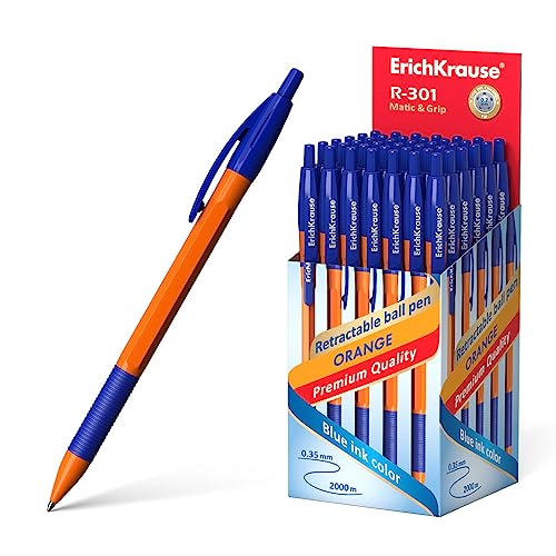 ErichKrause Druckkugelschreiber 0,35mm 50er Set Blau - einfaches und weiches Schreiben - schlanke Form - Kullis & Schreibtischzubehör - mit Gummigriff - R-301 Orange von ErichKrause