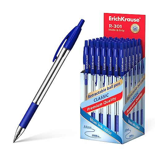 ErichKrause Druckkugelschreiber 0,5mm 50er Pack Blau - einfaches und weiches Schreiben - schlanke Form - Kullis & Schreibtischzubehör - mit Gummigriff - R-301 Classic von ErichKrause
