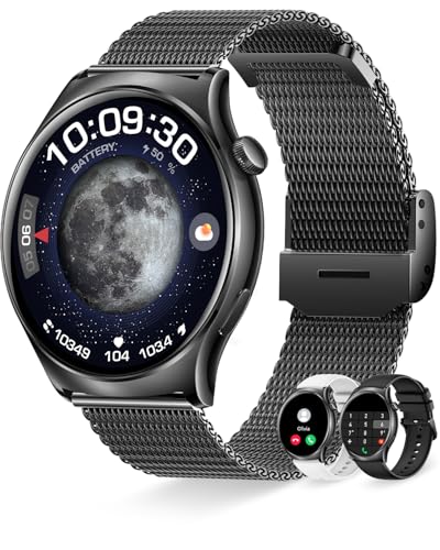 Erkwei Smartwatch Damen Rund mit Telefonfunktion Benachrichtigung 1.43" Always-On AMOLED Bildschirm Uhr Fitnessuhr Schrittzähler Pulsuhr Schlafmonitor 100+ Modi Sportuhr für iOS Android, Schwarz von Erkwei