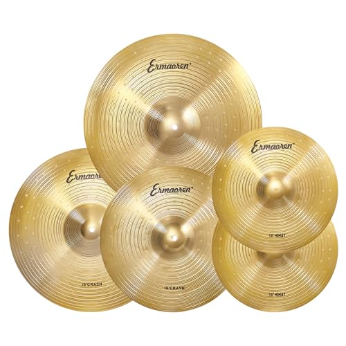 Becken-Set, 5-teiliges Schlagzeug-Becken-Set, 35,6 cm (14 Zoll) Hi-Hat-Becken (ein Paar), 40,6 cm und 45,7 cm Crash-Becken, 50,8 cm Ride-Becken für Drums (Gold, Stil 2-14, 35,6 cm, 45,7 cm, 50,8 cm) von Ermaoren