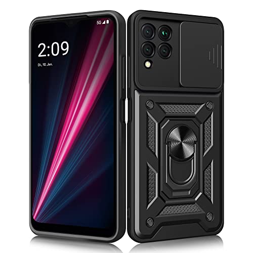 Ermorgen Handyhülle für Telekom T Phone Pro Hülle mit Ring/T-Mobile Revvl 6 Pro[Kameraschutz] Objektivschieberabdeckung Anti-Peeping 360 Grad magnetischer Auto-Halter Militärhülle - Schwarz von Ermorgen
