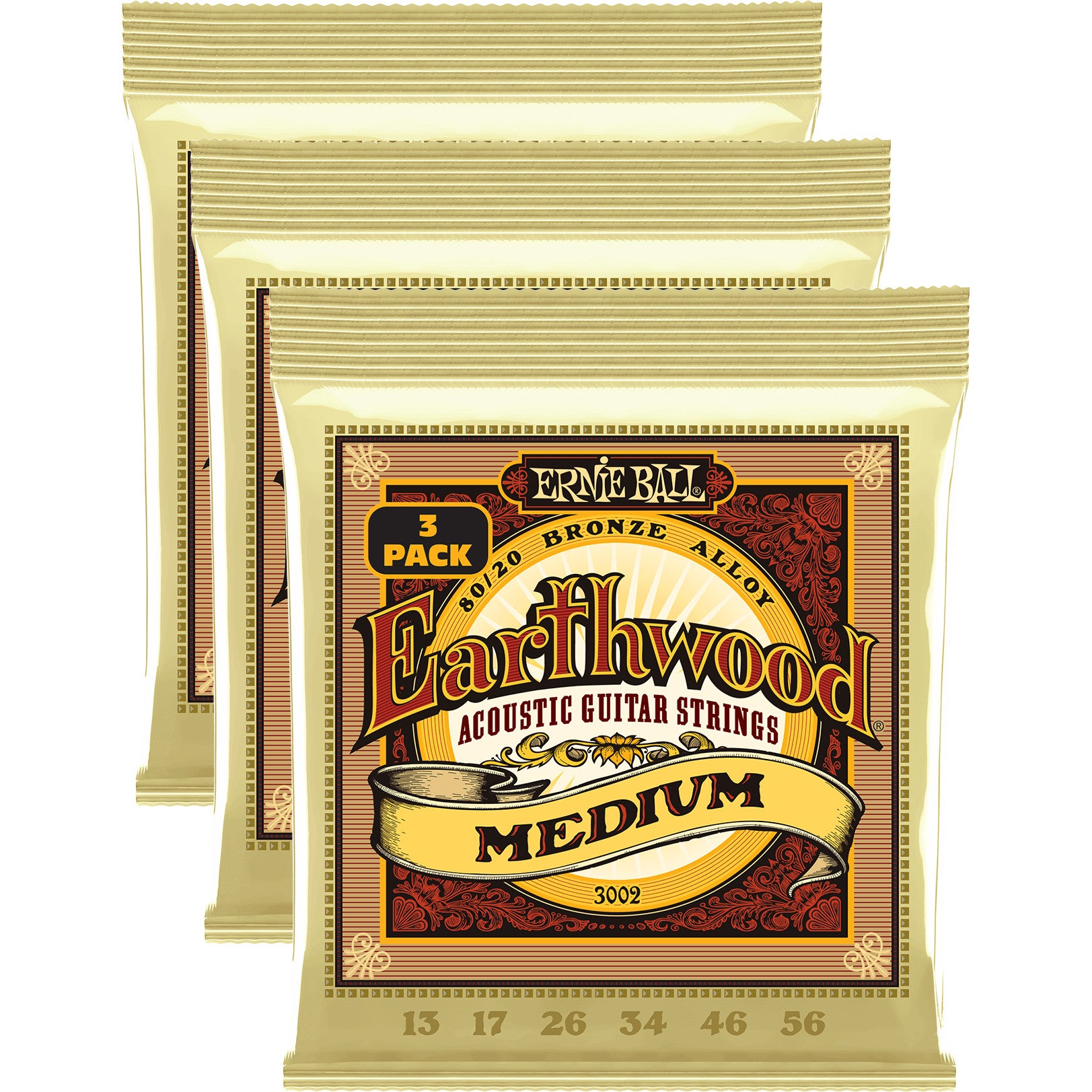 Ernie Ball 3002 Earthwood Custom Medium 80/20 Bronze 13-56 Acoustic Guitar Strings (3 Packs) von Ernie Ball