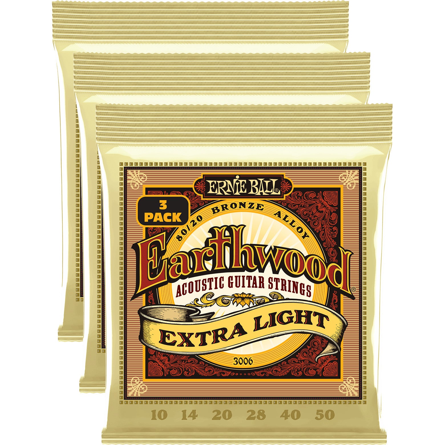Ernie Ball 3006 Earthwood Custom Extra Light 80/20 Bronze 10-50 Acoustic Guitar Strings (3 Packs) von Ernie Ball