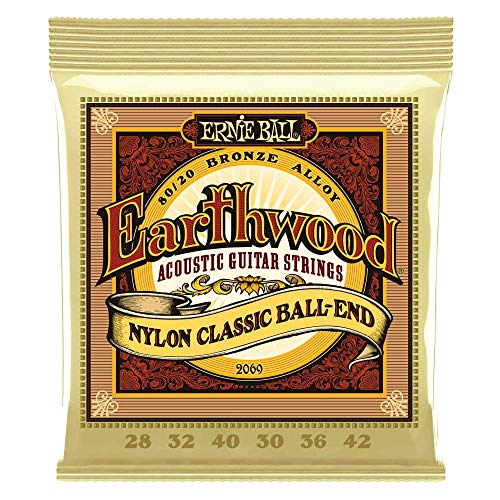 Ernie Ball Earthwood Nylon-Saiten für Folk-Gitarre, transparent und goldfarben, mit Kugelende, aus 80/20 Bronze, Stärke 28-42 von Ernie Ball