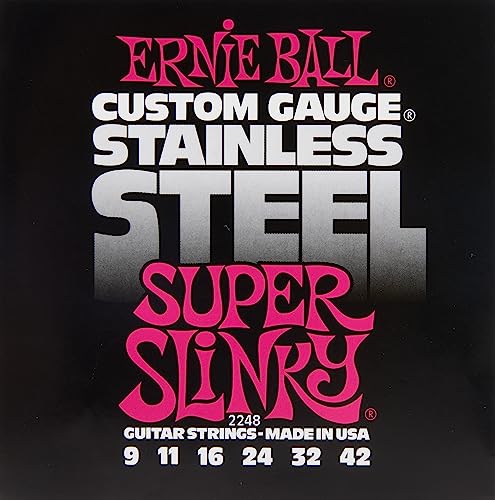 Ernie Ball Super Slinky Stainless Steel Wound E-Gitarrensaiten, Stärke 9-42 von Ernie Ball