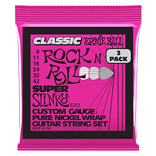 Ernie Ball Super Slinky klassische Rock‘n‘Roll-E-Gitarrensaiten, reine Nickelwicklung, 3er-Pack, Stärke 9–42 von Ernie Ball