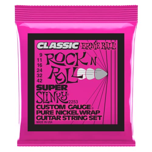 Ernie Ball Super Slinky klassische Rock‘n‘Roll-E-Gitarrensaiten, reine Nickelwicklung, Stärke 9–42 von Ernie Ball