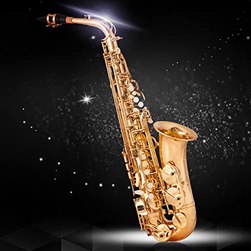 Saxophon Messing lackiert Blasinstrument, Altsaxophon Es Eb, Professionelles Saxophon Goldlack-Finish mit Muschelklappen, Premium Messing Sax Komplettset für Anfänger Studenten von Errzom