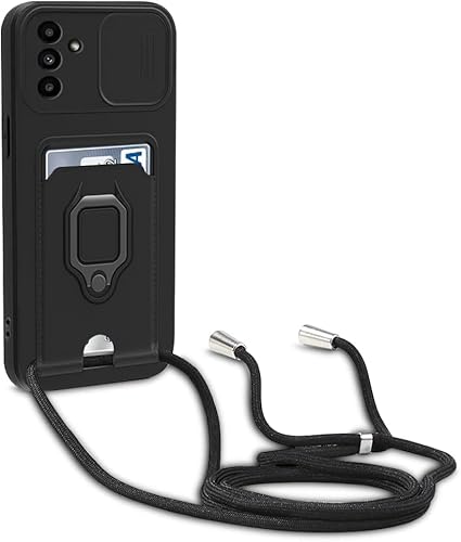 Esakycn Handykette Hülle für Samsung Galaxy A25 5G, Schutzhülle Schwarz Silikon mit Kameraschutz Slide Schiebekamera, Kartenhalter, Magnetic Ständer Handyhülle Case für Samsung A25 6,5", Schwarz von Esakycn