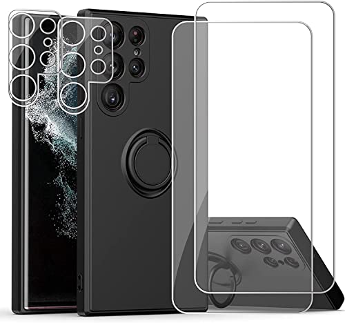 Esakycn Hülle für Samsung S25 Ultra 5G Schutzhülle Silikon mit 2 Displayschutzfolie + 2 Kamera Folie, [Magnetic Auto Halterung] Ring Ständer Handyhülle für Samsung Galaxy S25 Ultra 6,8", Schwarz von Esakycn