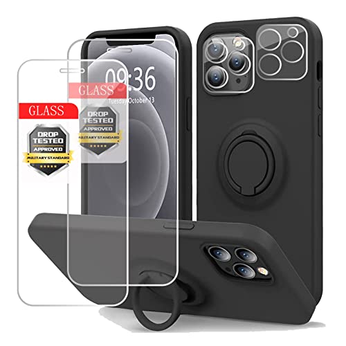 Esakycn Hülle für iPhone 12 Pro Schutzhülle Silikon mit 2 Displayschutzfolie + 2 Kamera Folie, [Magnetic Auto Halterung] Ring Ständer Stoßfest Handyhülle für iPhone 12 Pro 6,1", Schwarz von Esakycn