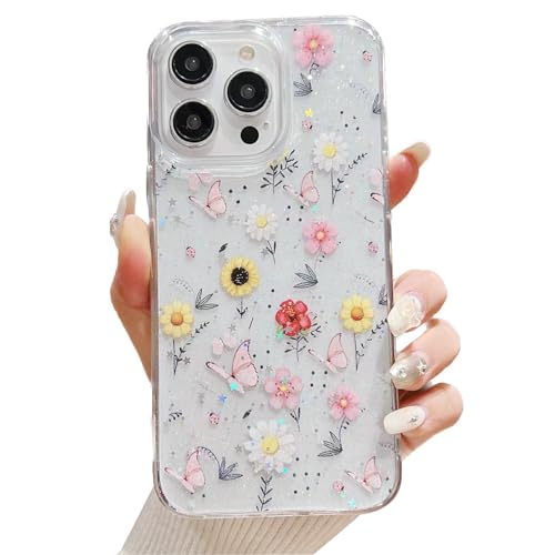 Esakycn für Apple iPhone 15 Hülle, Schutzhülle Transparentem Weich Silikon Echte Getrocknete Flora Blumen Muster Glitzer Klar TPU Motiv Frauen Mädchen Handyhülle Cover für iPhone 15 6,1", Gelbe von Esakycn