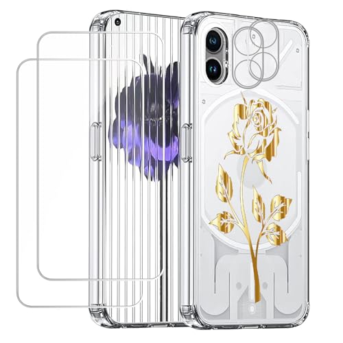 Esakycn für Nothing Phone (1) Hülle, Schutzhülle Transparent Silikon Flora Blumen Soft TPU + Hard PC, 2 Displayschutzfolie + 2 Kamera Folie Handyhülle Case Cover für Nothing Phone (1) 6,55'', Rose von Esakycn