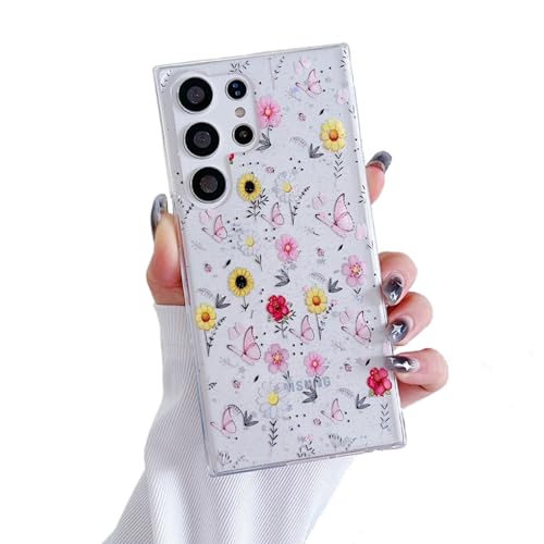 Esakycn für Samsung Galaxy S22 Ultra 5G Hülle, Schutzhülle Transparentem Silikon Echte Getrocknete Flora Blumen Muster Glitzer Motiv Frauen Mädchen Handyhülle Cover für Samsung S22 Ultra 6,8", Gelbe von Esakycn