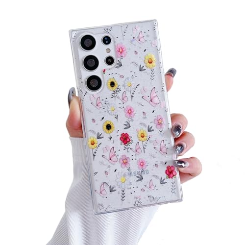 Esakycn für Samsung Galaxy S24+ / S25+ Plus 5G Hülle, Schutzhülle Transparentem Silikon Echte Getrocknete Flora Blumen Muster Glitzer Motiv Frauen Mädchen Handyhülle Cover für Samsung S24+ 6,7", Gelbe von Esakycn