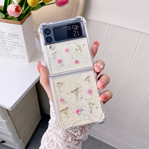 Esakycn für Samsung Galaxy Z Flip 4 5G Hülle, Schutzhülle Transparentem Silikon Flora Blumen Muster PU + TPU Motiv Handyhülle mit Stoßfest Schutzecken Cover für Samsung Z Flip 4 5G 6,7", Rosa von Esakycn