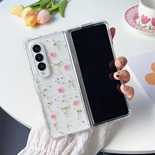 Esakycn für Samsung Galaxy Z Fold 3 Hülle, Schutzhülle Transparentem Silikon Flora Blumen Muster PU + TPU Motiv Handyhülle mit Stoßfest Schutzecken Cover für Samsung Z Fold 3 5G 7,6", Rosa von Esakycn