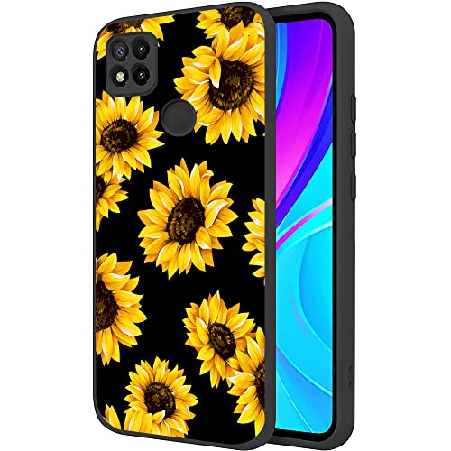 Esakycn für Xiaomi Redmi 9C / 10A Hülle, Schutzhülle Schwarz Silikon Flora Blumen Muster TPU Motiv Design Handyhülle Ultradünn Stoßfest Blumenart Case Cover für Redmi 9C / 10A 6,53", Sonnenblume von Esakycn