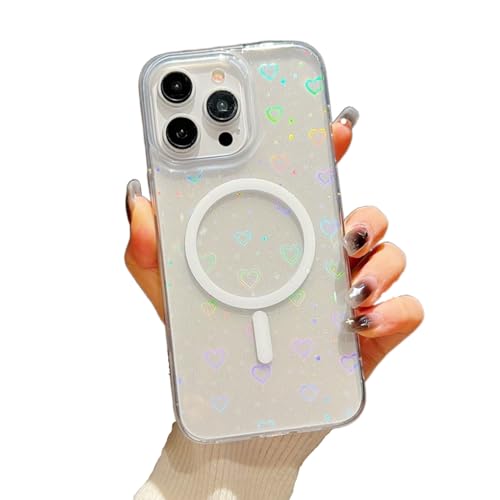 Esakycn für iPhone 15 Pro Max Hülle, [Kompatibel mit Magsafe] Schutzhülle Transparentem Silikon Reflektieren Herzen Glitzer Bunt Muster Frauen Mädchen Handyhülle Cover für iPhone 15 Pro Max 6,7", Herz von Esakycn