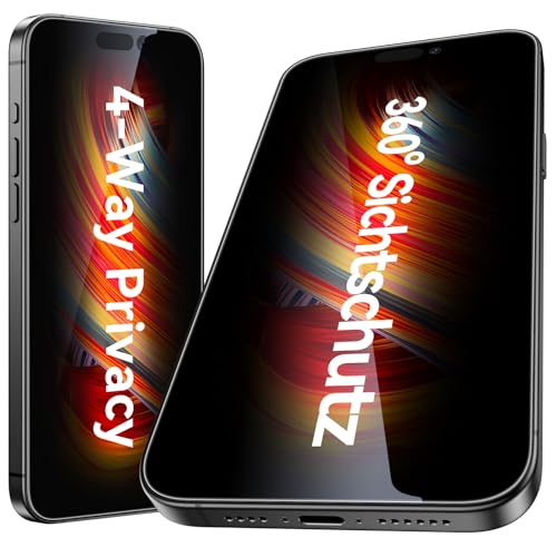 Esanik 360° Sichtschutz für iPhone 15 Pro Sichtschutzfolie (2 Stück), Anti-Spy Privacy Screen Protector für iPhone 15 Pro 4 Way Blickschutz Panzer Folie Glas von Esanik