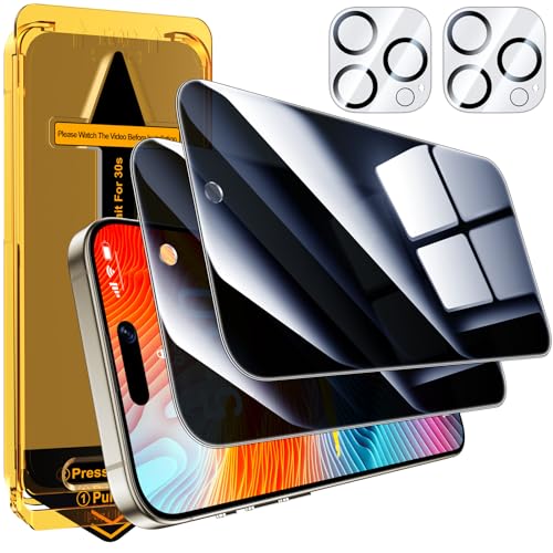 Esanik Sichtschutz für iPhone 15 Pro [2+2 Stück], 2* Sichtschutzfolie + 2* objektivschutz, 9H Härte Anti-Spy Privacy panzer Schutz glas folie, 6,1 Zoll von Esanik