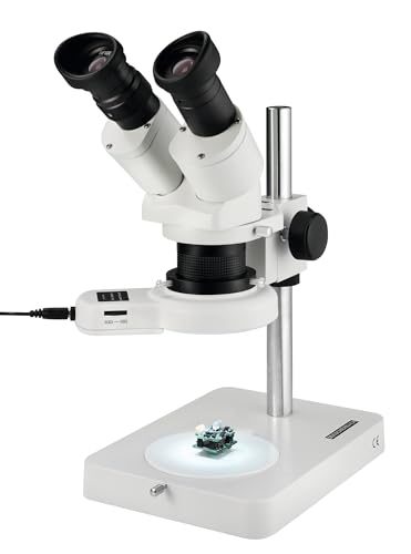 ESCHENBACH OPTIK Stereo Mikroskop mit Stand; 10x-20x Auflicht-/ Stereomikroskop; Mikroskop mit 20x Vergrößerung; mit LED Ringbeleuchtung von Eschenbach Optik