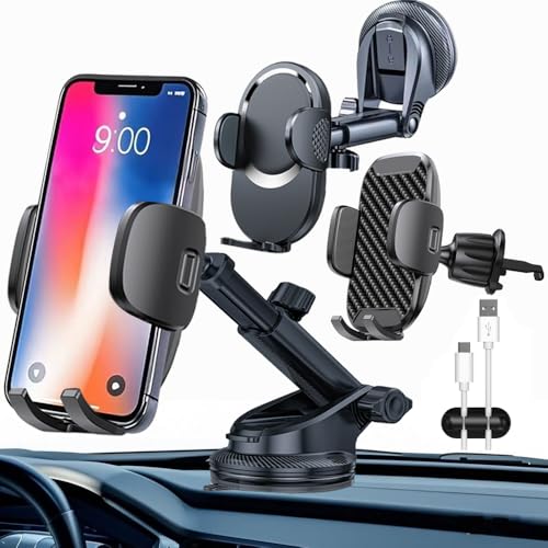 Eseastar Handyhalterung Auto 6in1 für Armaturenbrett Windschutzscheibe KFZ Handy Halterung mit EIN-Knopf-Release 360° Drehbar Lange Arm Handy Auto Halterung Dicke Fall, schwarz, 2 Pack von Eseastar