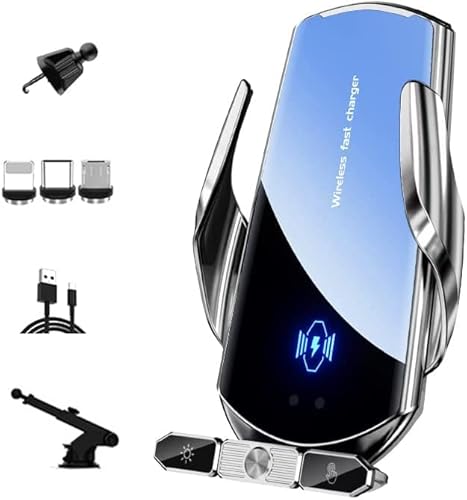 Kabelloses Auto-Ladegerät, Handyhalterung, 15W, schnelles Aufladen, intelligente automatische Klemmung, Windschutzscheibe, kabelloses Laden, magnetischer Kopfladung, USB-Kabel (Silber) von Esenlong