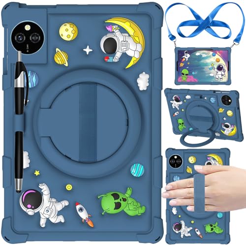 EspZanthic Hülle für DOOGEE U11/U11 Pro 2025 Tablet 11 Zoll, Weiche Silikonhülle für Kinder mit Stifthalter, 360° Drehbarem Ständer und Handschlaufe, Schultergurt, Stylus, Dunkelblau von EspZanthic