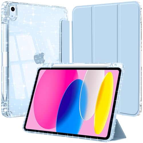 Hülle für iPad (A16) 11 Generation 11 Zoll 2025/iPad 10 Generation 2022 mit Stifthalter, Glitzernde Stoßfeste Case mit Glänzende, Durchsichtige Rückseite Schutzhülle, Hellblau von EspZanthic
