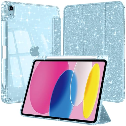 Hülle für iPad (A16) 11 Generation 11 Zoll 2025/iPad 10 Generation 2022 mit Stifthalter, Glitzernde Stoßfeste Case mit Glänzende, Durchsichtige Rückseite Schutzhülle, Himmelblau von EspZanthic