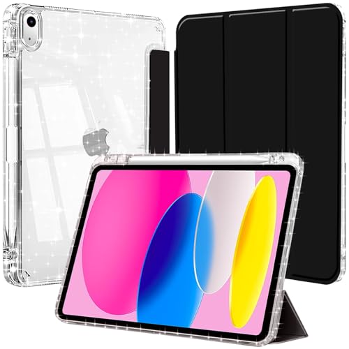 Hülle für iPad (A16) 11 Generation 11 Zoll 2025/iPad 10 Generation 2022 mit Stifthalter, Glitzernde Stoßfeste Case mit Glänzende, Durchsichtige Rückseite Schutzhülle, Schwarz von EspZanthic