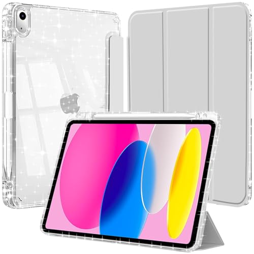 Hülle für iPad (A16) 11 Generation 11 Zoll 2025/iPad 10 Generation 2022 mit Stifthalter, Glitzernde Stoßfeste Case mit Glänzende, Durchsichtige Rückseite Schutzhülle, Silber von EspZanthic