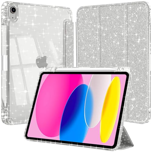 Hülle für iPad (A16) 11 Generation 11 Zoll 2025/iPad 10 Generation 2022 mit Stifthalter, Glitzernde Stoßfeste Case mit Glänzende, Durchsichtige Rückseite Schutzhülle, Silber von EspZanthic