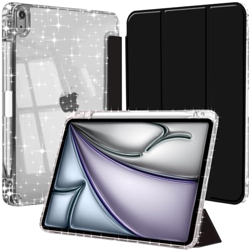 Hülle für iPad Air 11 Zoll (M3/M2-2025/2024), iPad Air 5./4. Generation 10.9 Zoll mit Stifthalter, Glitzernde Stoßfeste mit Glänzende, Durchsichtige Rückseite Schutzhülle, Schwarz von EspZanthic