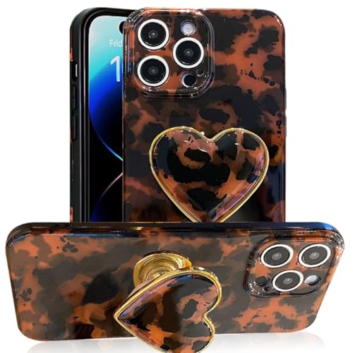 Espumoso Kompatibel mit niedlicher iPhone 16 Pro Max Hülle 17,5 cm (6,9 Zoll), Schildpatt-Schutzhülle mit braunem Bernstein-Druck, Leopardenmuster, Herzhalter, Ständer, Ständer, stoßfest von Espumoso