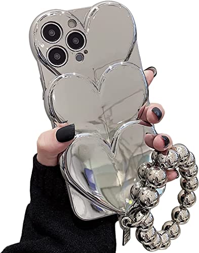Espumoso Niedliche Hülle, kompatibel mit iPhone 14 Pro, 15,5 cm (6,1 Zoll), 3D-Cartoon-Herz-Hülle mit schönem Armband, Kette, Kameraschutz, weiches TPU, stoßfest, für Damen und Mädchen (Silber von Espumoso