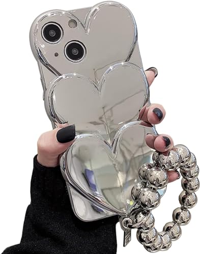 Espumoso Niedliche Schutzhülle für iPhone 15, 15,5 cm, 3D-Cartoon-Herz, mit schönem Armband, Kette, Kameraschutz, weiches TPU, stoßfest, für Damen und Mädchen (Silber) von Espumoso