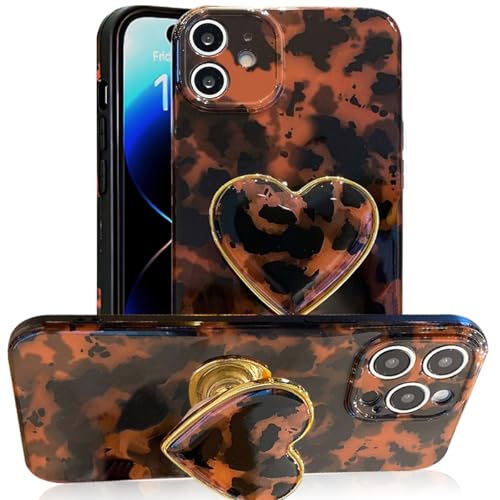 Espumoso Schutzhülle für iPhone 11, 15,4 cm (6,1 Zoll), Schildpatt-Design, brauner Bernsteindruck, Leopardenmuster, Herz, Ständer, Ständer, stoßfest, TPU, Schutzhülle für Damen und Mädchen von Espumoso