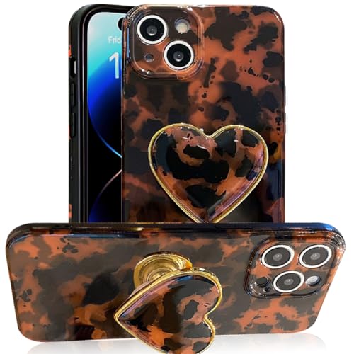 Espumoso Schutzhülle für iPhone 15, 15,4 cm (6,1 Zoll), Schildpatt-Design, brauner Bernsteindruck, Leopardenmuster, Herz, Ständer, Ständer, stoßfest, TPU, Schutzhülle für Damen und Mädchen von Espumoso