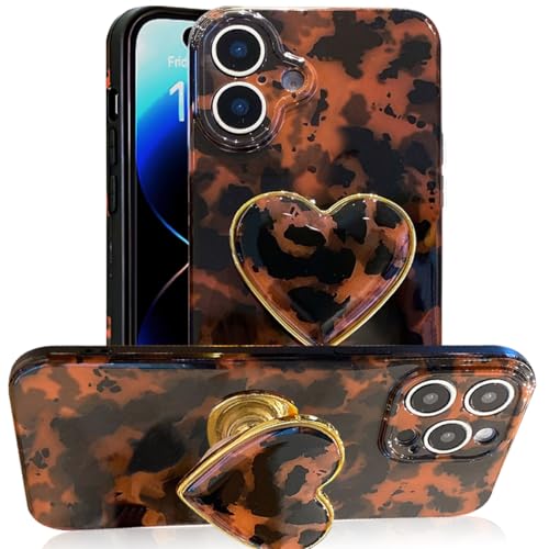 Espumoso Schutzhülle für iPhone 16, 15,4 cm (6,1 Zoll), Schildpatt-Design, brauner Bernsteindruck, Leopardenmuster, Herz, Ständer, Ständer, stoßfest, TPU, Schutzhülle für Damen und Mädchen von Espumoso
