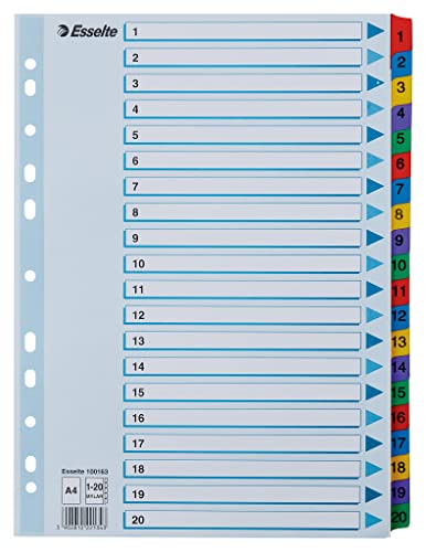 Esselte Register A4, 1-20, robuster Karton mit verstärkten Mylar-Reitern, blau/Mehrfarbig von Esselte