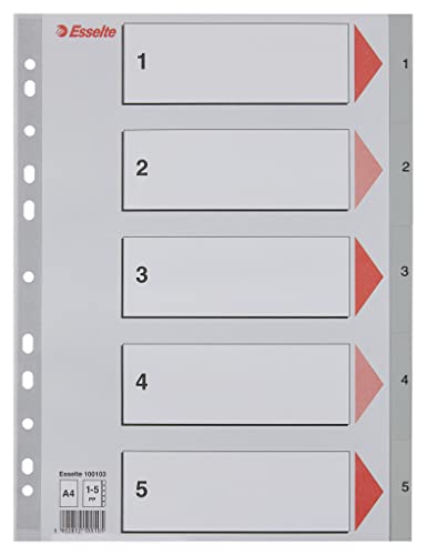 Esselte Register für A4, Deckblatt aus Karton und 5 Trennblätter aus Kunststoff, Taben mit Zahlenaufdruck 1-5 Tabs, Überbreite, Grau, 100103 von Esselte