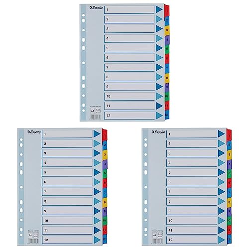 Esselte Register für A4, Deckblatt und 12 Trennblätter, Taben mit Zahlenaufdruck 1-12, Lochrand und Taben folienverstärkt (Mylar), Blau, Karton, 100162 (Packung mit 3) von Esselte