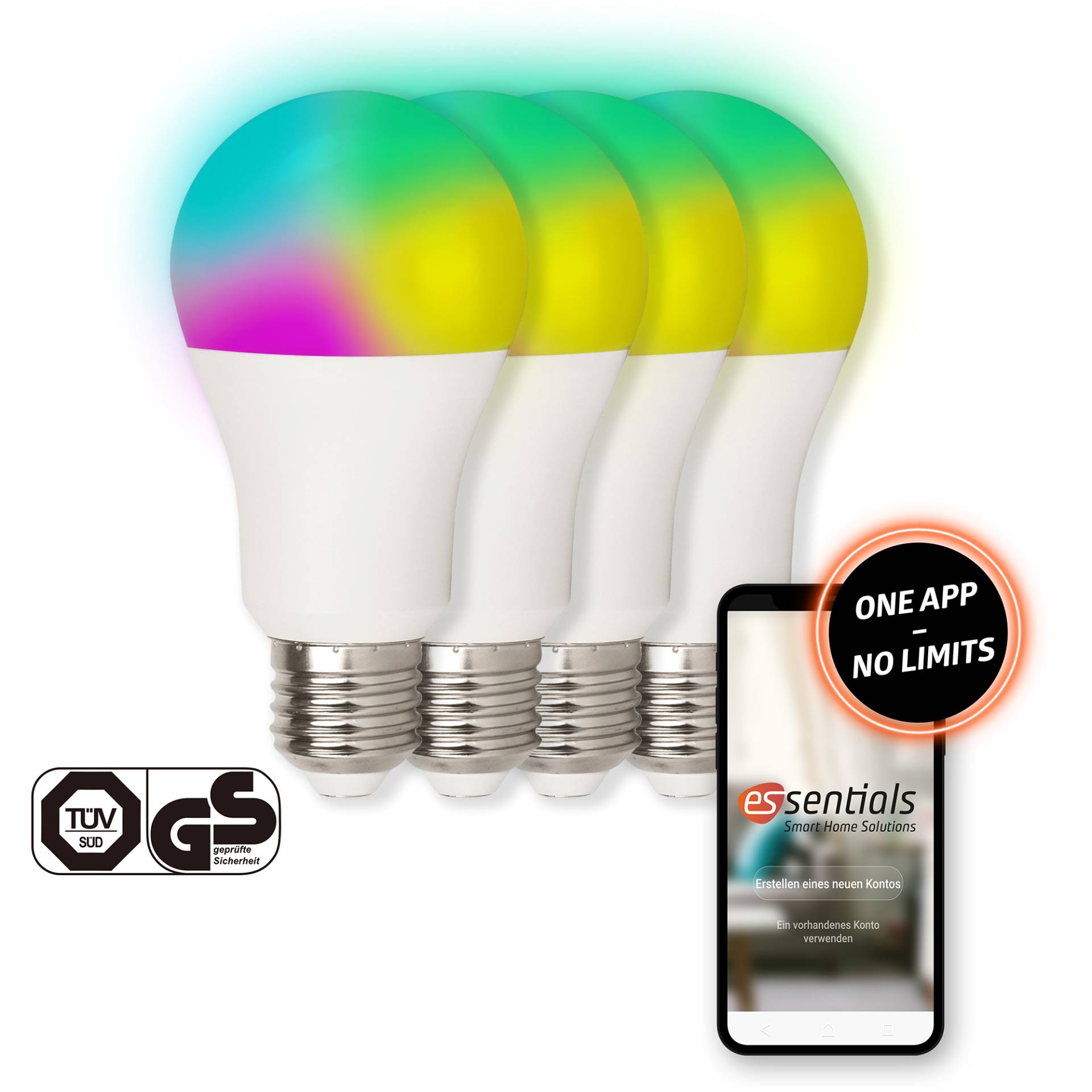 essentials WLAN Glühbirne für Smart Home 10W, Alexa kompatibel E27 [4er Set] von Essentials