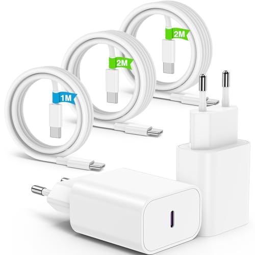 2Pack USB C Ladegerät für iPhone 16 15/16 15 Pro/16 15 Pro Max/16 15 Plus, 20W USBC Schnellladegerät Power Adapter für iPad Pro/Air, iPhone 16/15 USB-C Schnellladekabel 1M+2M+2M für MacBook, Samsung von Essri