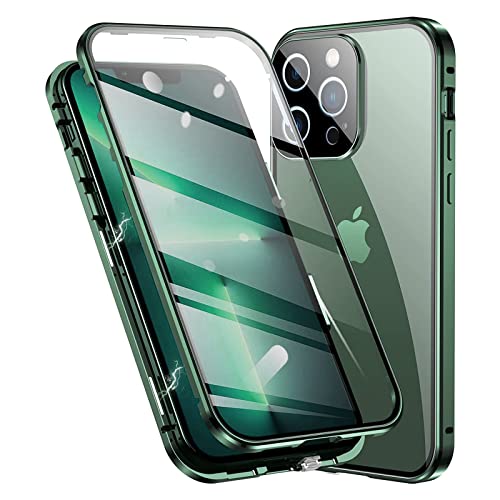 Esteller Hülle für iPhone 13 Pro Magnetische Handyhülle,360 Grad KomplettSchutz Case [Mit Kamera Linse Schutz] Metallrahmen + Vorne und hinten Gehärtetes Glas Schutzhülle,Grün von Esteller