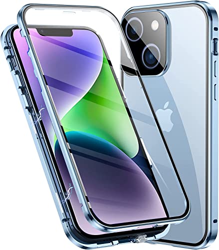 Esteller Hülle für iPhone 14 Magnetische Handyhülle,360 Grad KomplettSchutz Case [Mit Kamera Linse Schutz] Metallrahmen + Vorne und hinten Gehärtetes Glas Schutzhülle,Blau von Esteller