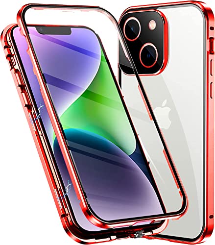 Esteller Hülle für iPhone 14 Plus Magnetische Handyhülle,360 Grad KomplettSchutz Case [Mit Kamera Linse Schutz] Metallrahmen + Vorne und hinten Gehärtetes Glas Schutzhülle,Rot von Esteller